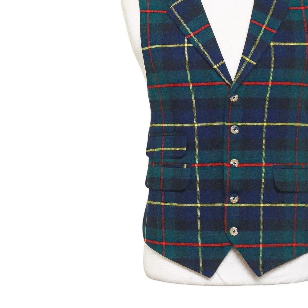 Mens Vest 44R Tartan Plaid Wool Blue Green Yellow Lapel Waistcoat Formal Wedding - Picture 7 of 9